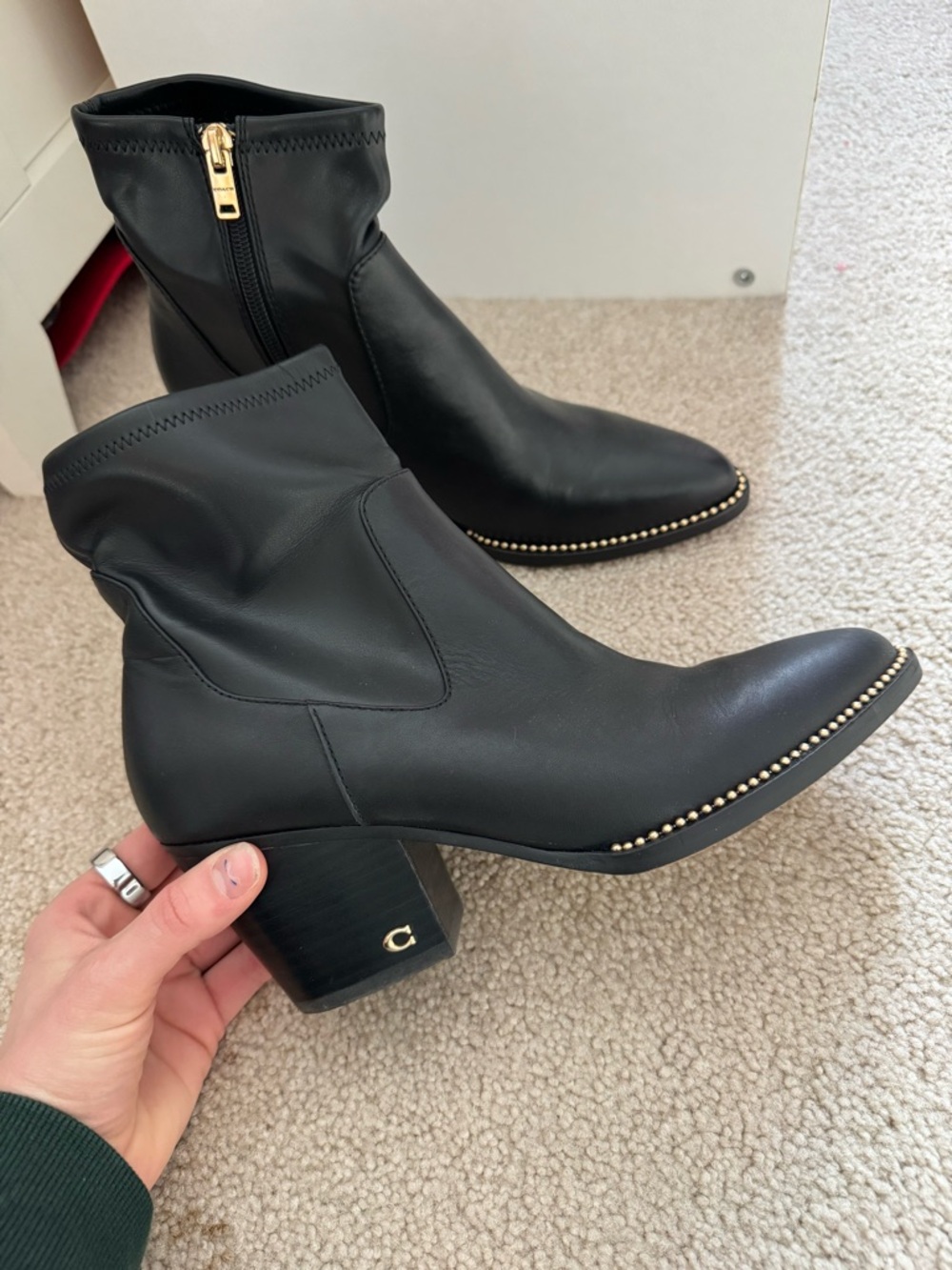 Coach Black Leather Ankle Booties with Gold Stud Trim - Picture 2 of 3